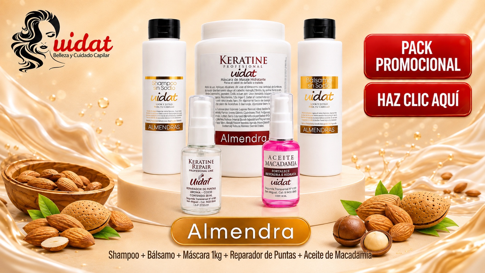 Pack UIDAT Essential Almendras con shampoo, bálsamo, máscara capilar y reparador de puntas