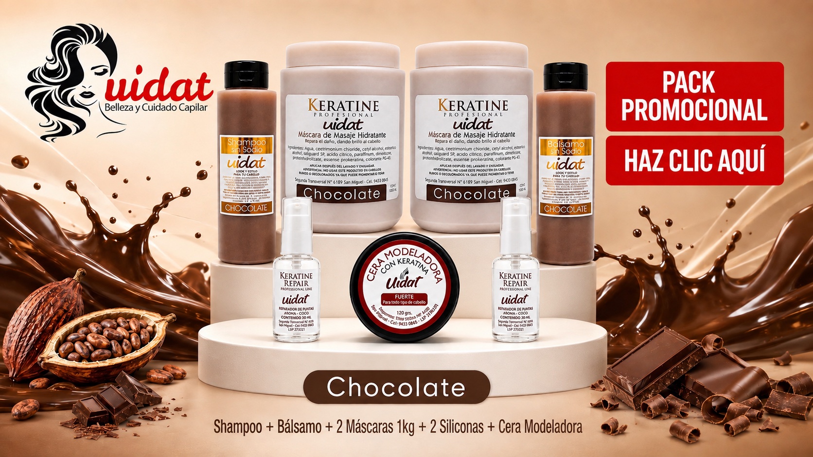 Pack UIDAT Chocolate XL con shampoo, bálsamo, máscara capilar, aceites reparadores y cera modeladora
