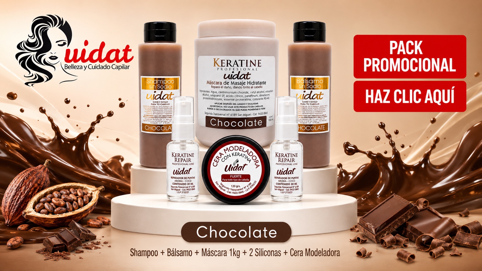 Pack UIDAT Chocolate XL con shampoo, bálsamo, máscara capilar, aceites reparadores y cera modeladora