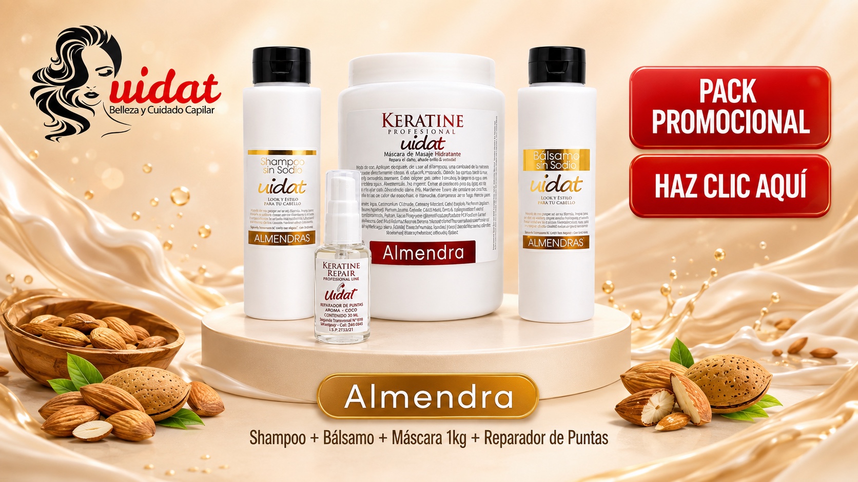 Pack UIDAT Essential Almendras con shampoo, bálsamo, máscara capilar y reparador de puntas