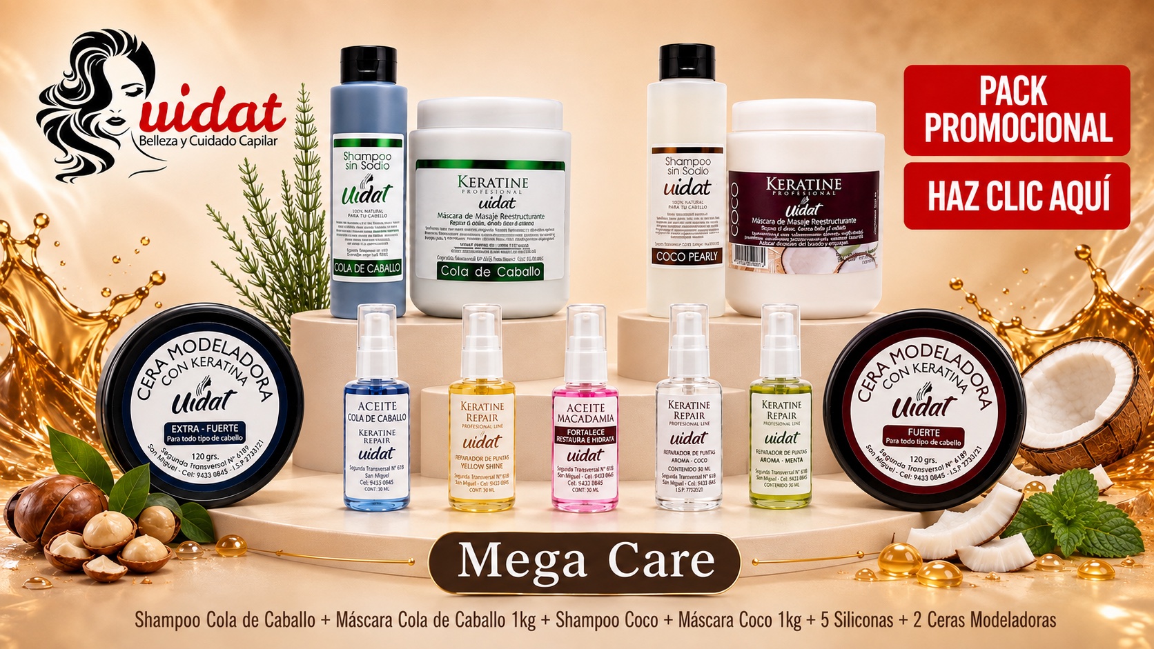 Pack UIDAT Mega Care Coco y Cola de Caballo con máscaras, shampoos, aceites reparadores y cera modeladora
