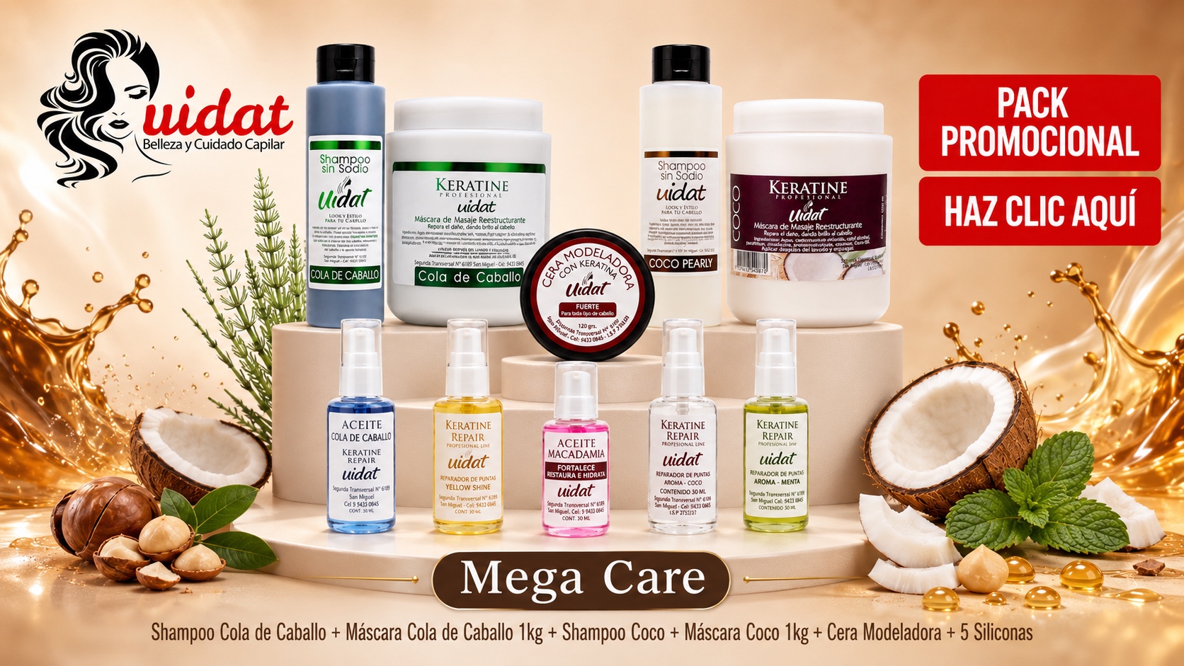 Pack UIDAT Mega Care Coco y Cola de Caballo con máscaras, shampoos, aceites reparadores y cera modeladora